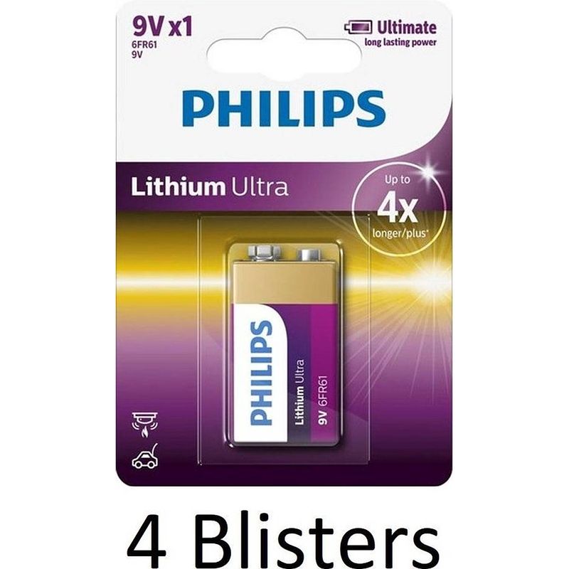 Foto van 4 stuks (4 blisters a 1 st) philips 9v lithium ultra batterij