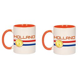 Foto van 2x stuks holland vlag met medaille mok/ beker oranje wit 300 ml - feest mokken