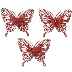 Foto van House of seasons kerst vlinders op clip - 3x st - rood glitter - 10 cm - kersthangers