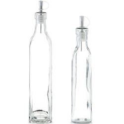 Foto van 2x glazen azijn/olie flessen met doseerdopje 270 ml en 500 ml - olie- en azijnstellen