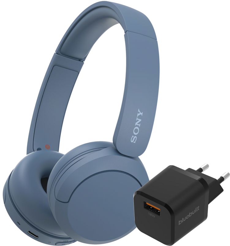 Foto van Sony wh-ch520 blauw + bluebuilt quick charge oplader met usb a poort 18w zwart