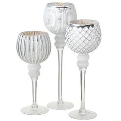 Foto van Luxe glazen design kaarsenhouders/windlichten set van 3x stuks zilver/wit transparant 30-40 cm - windlichten