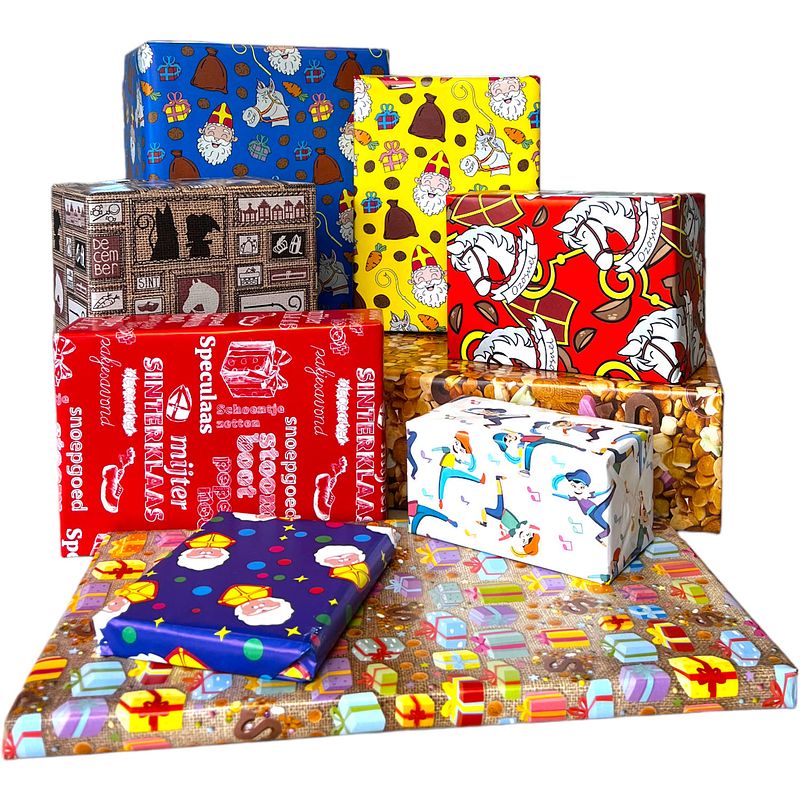 Foto van Sinterklaaspapier inpakpapier sinterklaas cadeaupapier assortiment - 300 x 70 cm - 7 rollen