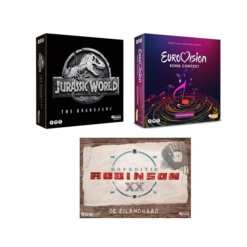 Foto van Spellenset - 3 stuks - jurassic world the boardgame & eurovisie songfestival spel & expeditie robinson de eilandraad