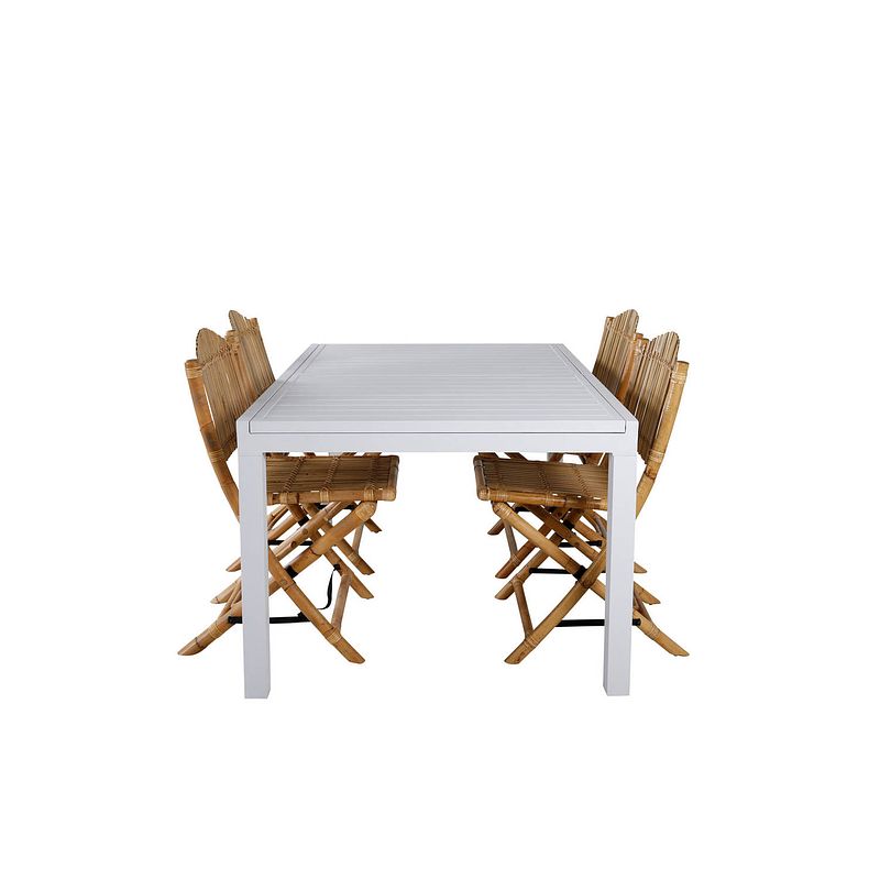 Foto van Marbella tuinmeubelset tafel 100x160/240cm en 4 stoel cane lichtgrijs, naturel, wit.