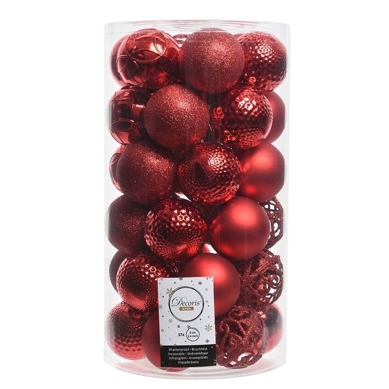 Foto van 37x stuks kunststof kerstballen rood 6 cm inclusief kerstbalhaakjes - kerstbal