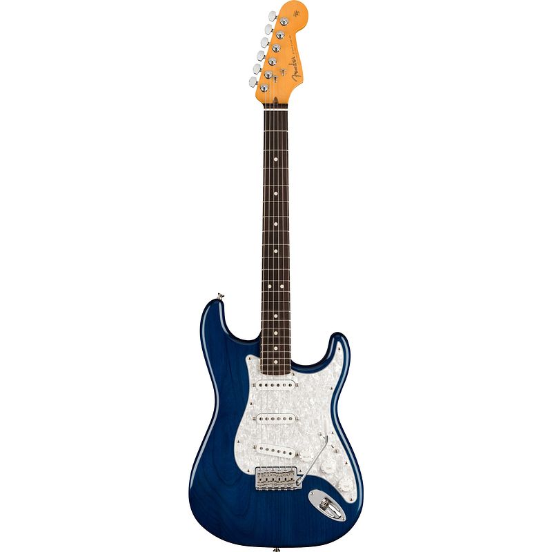 Foto van Fender cory wong stratocaster rw sapphire blue transparent elektrische gitaar met deluxe hardshell koffer