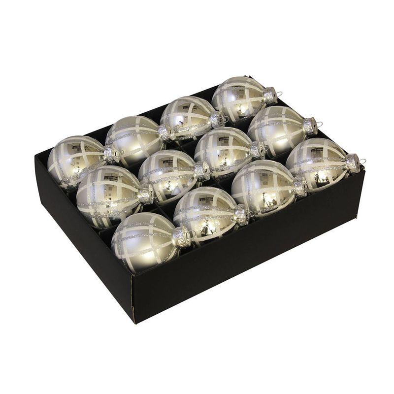 Foto van 24x stuks luxe glazen gedecoreerde kerstballen zilver schotse ruit 7,5 cm - kerstbal