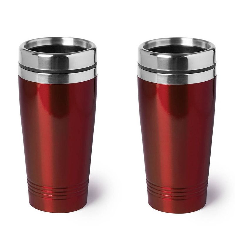 Foto van 2x stuks isoleerbeker rvs metallic rood 450 ml - thermosbeker