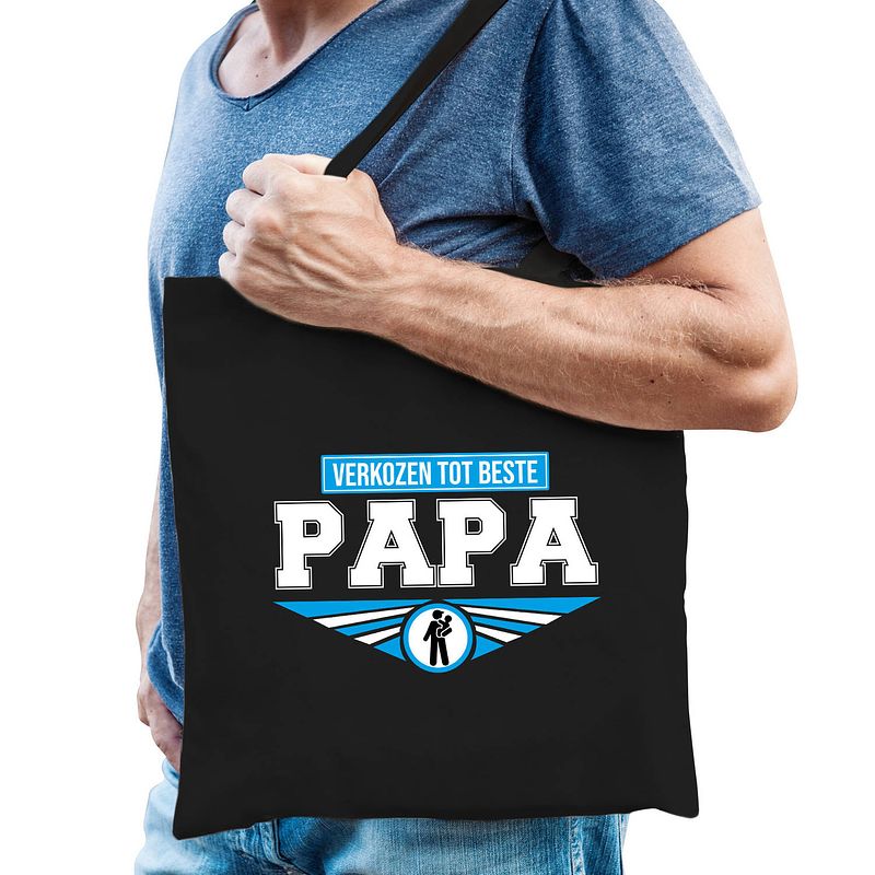 Foto van Verkozen tot beste papa katoenen tas zwart voor heren - cadeau tasjes - vaderdag - feest boodschappentassen