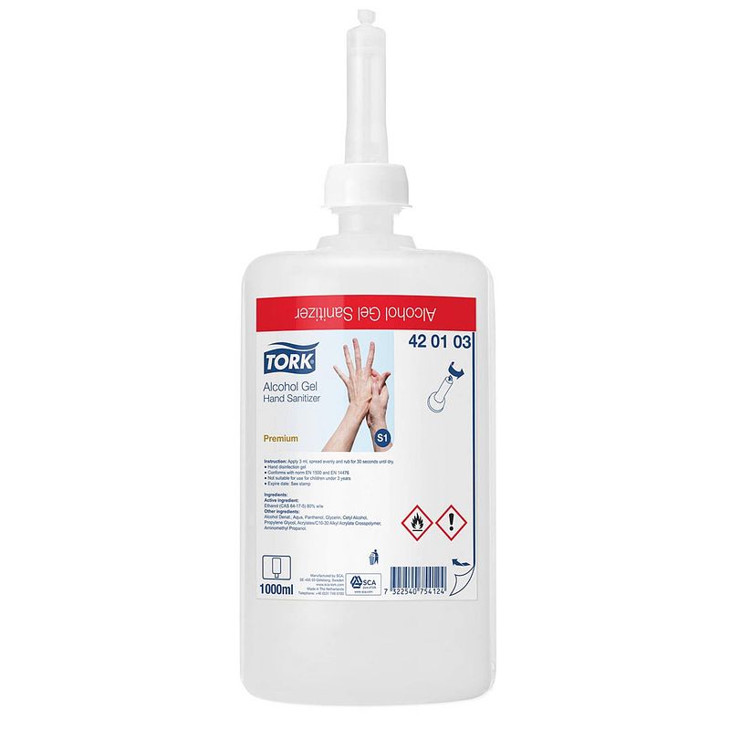 Foto van Tork alcohol gel voor handdesinfectie, systeem s1, flacon van 1 liter 6 stuks