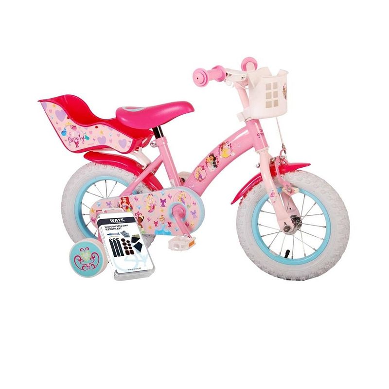 Foto van Volare kinderfiets disney princess - 12 inch - roze - inclusief ways bandenplakset