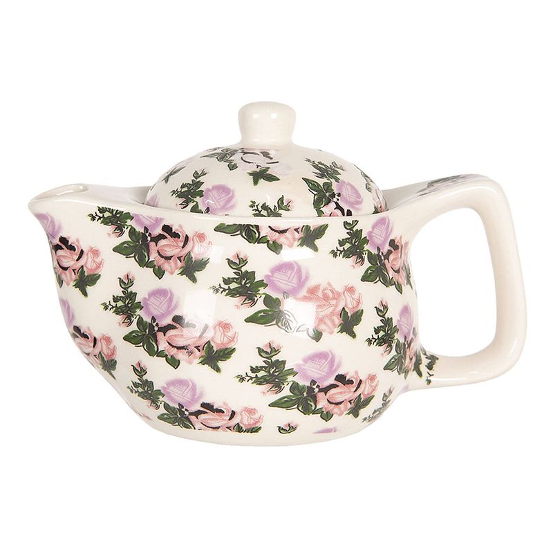 Foto van Haes deco - chinese theepot - porselein - paars en roze bloemen - theepot 400 ml - traditioneel theeservies, theekan