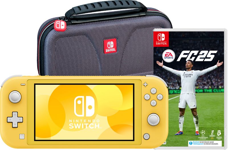 Foto van Nintendo switch lite geel + ea sports fc 25 + bigben beschermtas