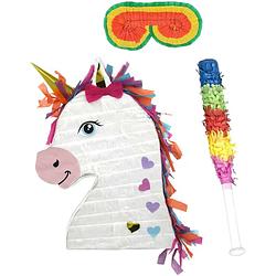 Foto van Funny fashion - verjaardag pinata unicorn/eenhoorn - 42 x 30 cm - set met stok en masker - pinatas