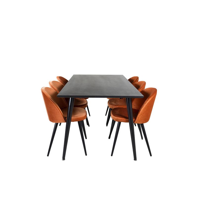 Foto van Dipp180x90blbl eethoek eetkamertafel zwart en 6 velvet eetkamerstal velours oranje, zwart.