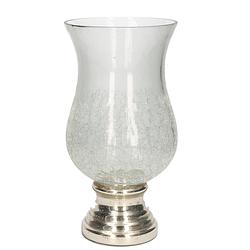 Foto van Craquele glazen kaarsenhouder voor theelichtjes/waxinelichtjes met zilveren voet 26,5 x 13,5 cm - waxinelichtjeshouders