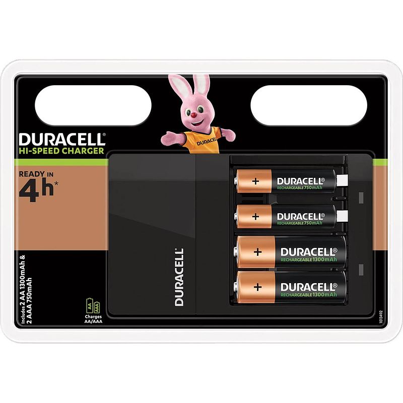 Foto van Duracell batterijlader hi-speed value charger, inclusief 2 aa en 2 aaa batterijen, op blister 6 stuks