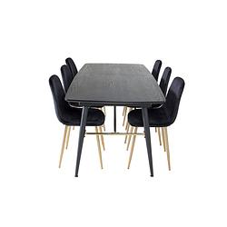 Foto van Gold eethoek eetkamertafel uitschuifbare tafel lengte cm 180 / 220 zwart en 6 polar eetkamerstal velours zwart, messing