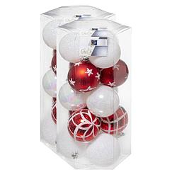 Foto van 30x stuks kerstballen mix wit/rood gedecoreerd kunststof 5 cm - kerstbal