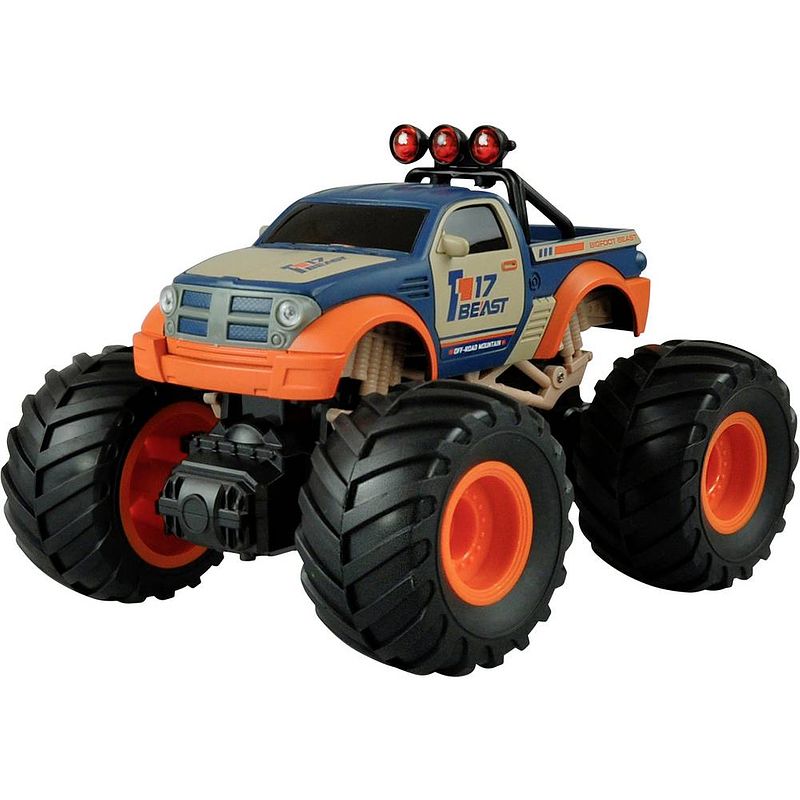 Foto van Amewi oranje, blauw brushed 1:18 rc auto elektro monstertruck achterwielaandrijving rtr 2,4 ghz