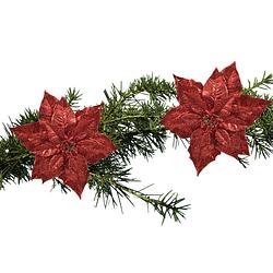 Foto van 2x stuks kerstboom decoratie bloemen rood glitter op clip 23 cm - kunstbloemen