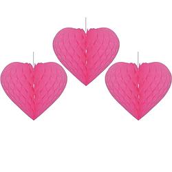 Foto van 3x stuks fuchsia roze decoratie hart 15 cm van papier - feestversiering - hangdecoratie