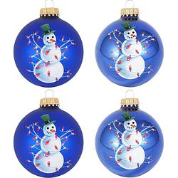 Foto van 4x stuks luxe glazen kerstballen 7 cm blauw met sneeuwpop - kerstbal