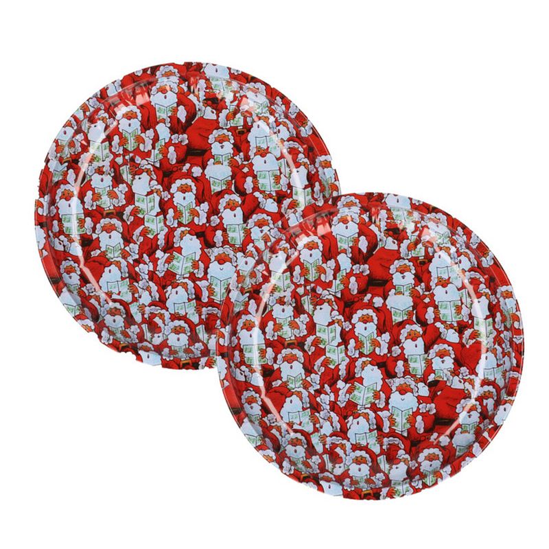 Foto van Kerst borden - 2x st - 26 cm - metaal - rood met kerstman - bordjes