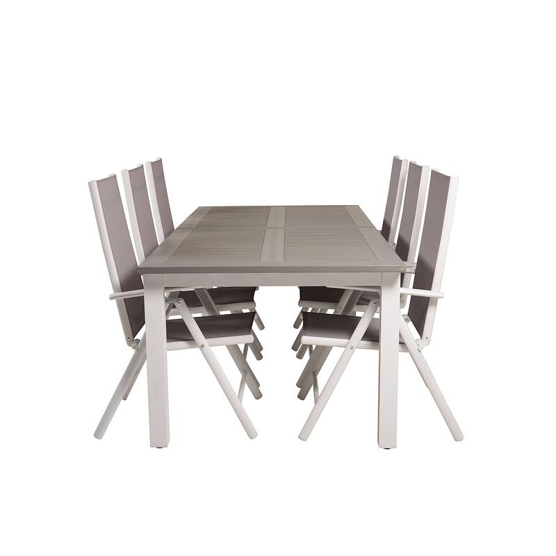 Foto van Albany tuinmeubelset tafel 100x224/324cm en 6 stoel break wit, grijs.