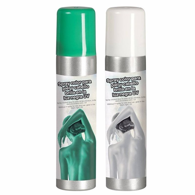 Foto van Guirca haarspray/bodypaint spray - 2x kleuren - wit en groen - 75 ml - verkleedhaarkleuring