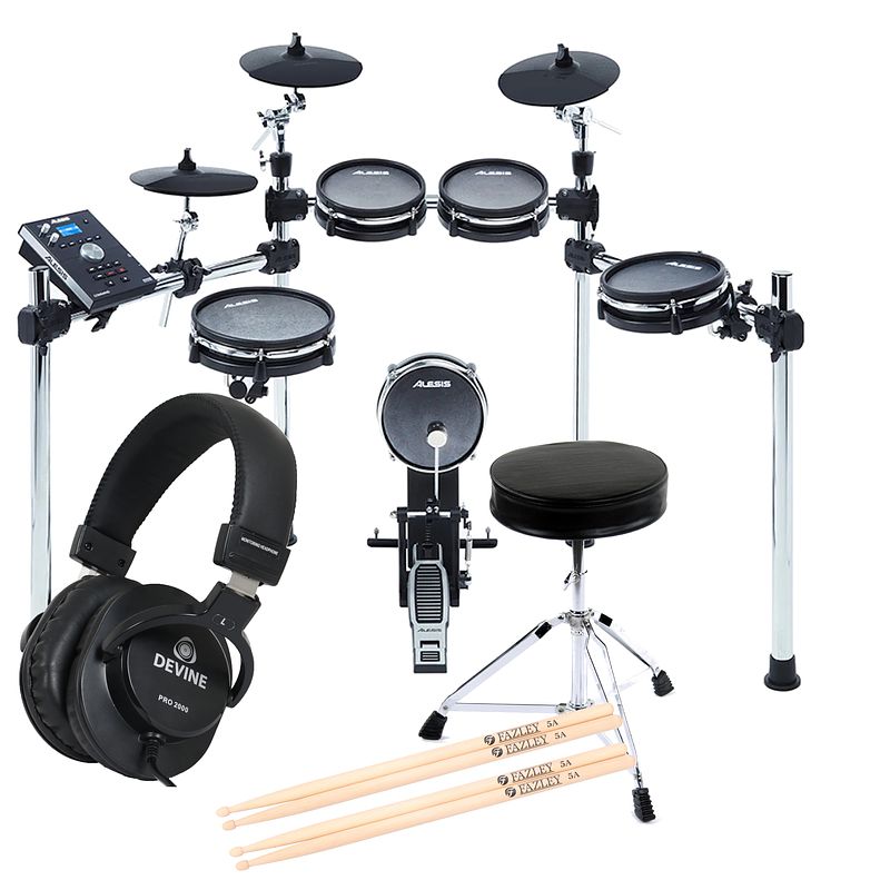 Foto van Alesis command mesh elektronisch drumstel + drumkruk + 2x stokken + koptelefoon