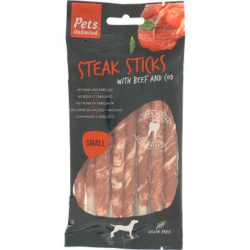 Foto van Pets unlimited steak sticks small beef 90 gram bij jumbo