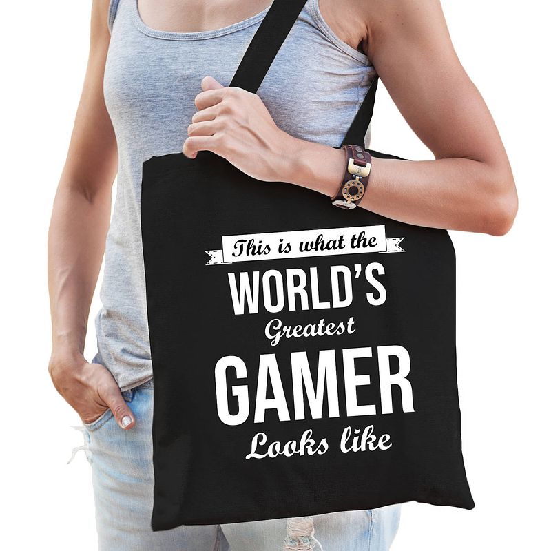 Foto van Worlds greatest gamer kado tasje voor verjaardag zwart voor dames - feest boodschappentassen