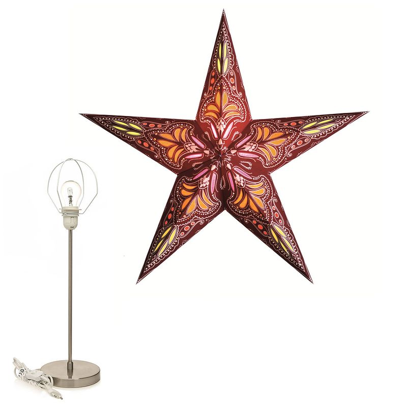 Foto van Decoratie kerstster rood/oranje 60 cm inclusief tafellamp/lamp standaard - kerststerren