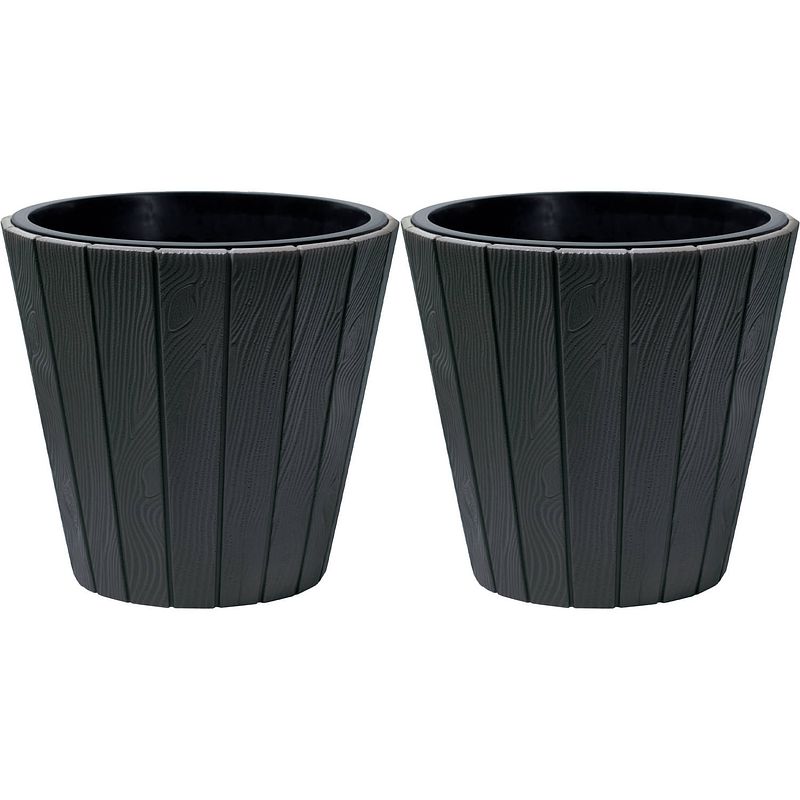 Foto van Prosperplast plantenpot/bloempot wood style - 2x - buiten/binnen - kunststof - antraciet - d35 x h32 cm - plantenpotten