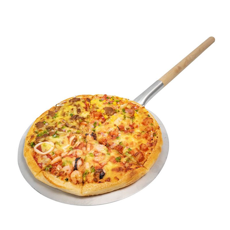 Foto van Decopatent® pizzaschep - ronde pizzaschep met lang houten handvat
