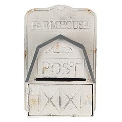 Foto van Haes deco - brievenbus vintage wit metaal in de vorm van een schuur met de tekst ""farmhouse post"", formaat 26x12x39 cm