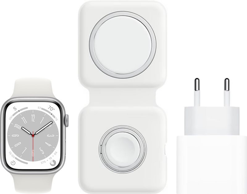 Foto van Apple watch series 8 4g 41mm zilver aluminium witte sportband + magsafe oplaadpakket