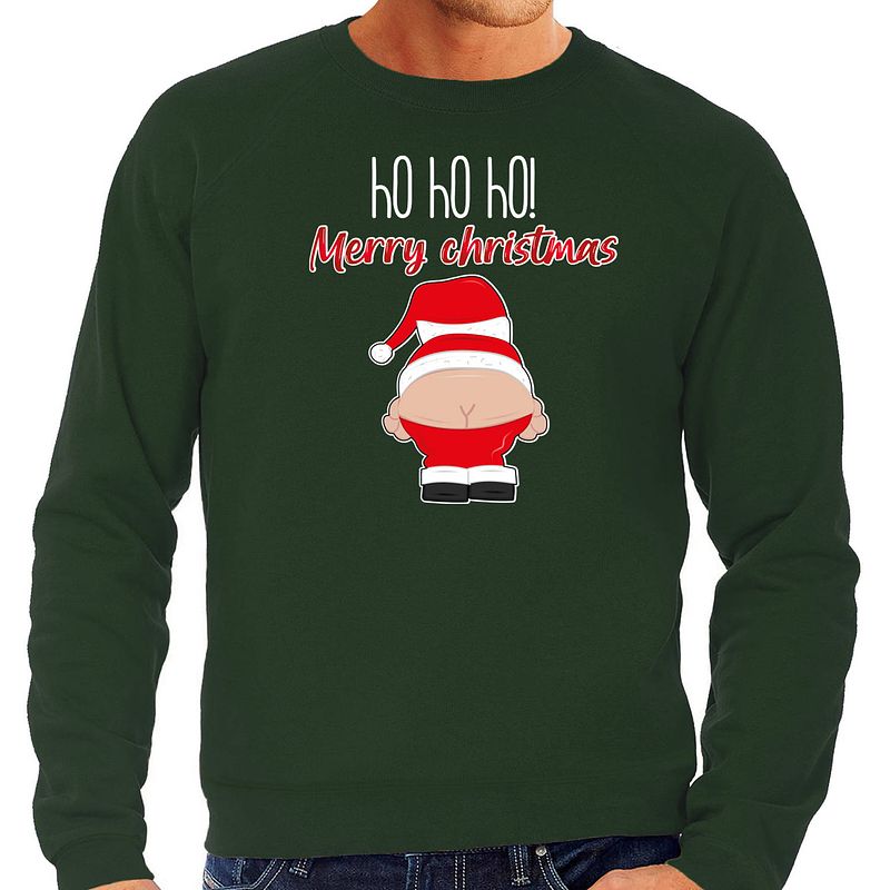 Foto van Bellatio decorations foute kersttrui/sweater heren - kerstman - groen - merry christmas xl - kerst truien