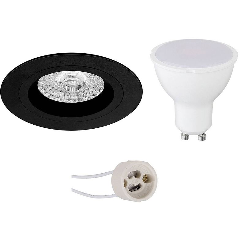 Foto van Led spot set - pragmi rodos pro - gu10 fitting - dimbaar - inbouw rond - mat zwart - 6w - helder/koud wit 6400k - ø93mm