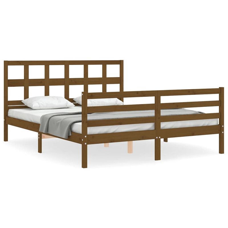 Foto van The living store massief grenenhouten bedframe - honingbruin - 205.5 x 165.5 x 100 cm - met multiplex lattenbodem