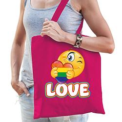 Foto van Bellatio decorations gay pride tas - katoen - 42 x 38 cm - fuchsia roze - lhbti - love - feest boodschappentassen