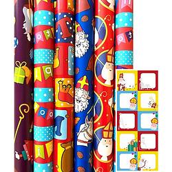 Foto van Sinterklaas sint inpakpapier cadeaupapier - 70 cm x 3 meter - 6 rollen - incl. 20 sint naamstickers