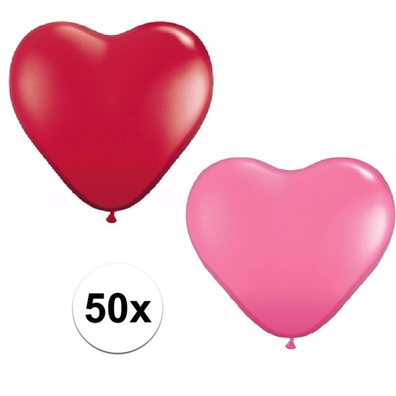 Foto van 50x bruiloft ballonnen rood / roze hartjes versiering 15 cm - huwelijk / valentijn