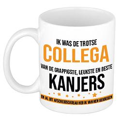 Foto van Trotse collega kanjers afscheidscadeau koffiemok / theebeker oranje en zwarte blokletters 300 ml - feest mokken