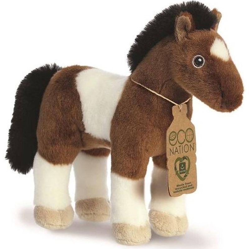 Foto van Aurora eco nation pluche knuffeldier paard - bruin/wit - 28 cm - boerderijdieren thema - knuffel boederijdieren