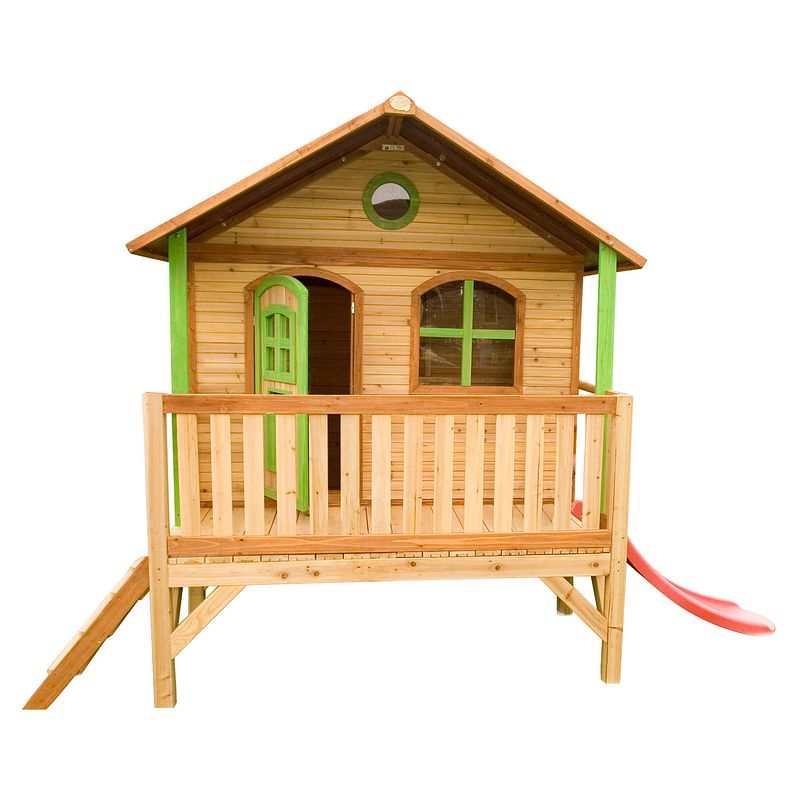 Foto van Axi stef speelhuis op palen & rode glijbaan speelhuisje voor de tuin / buiten in bruin & groen van fsc hout