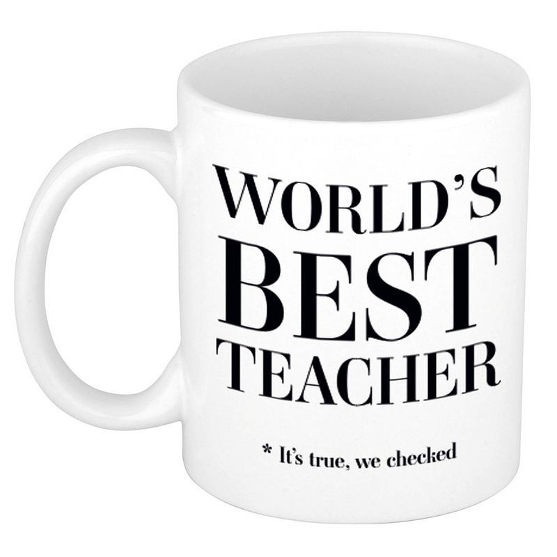 Foto van Worlds best teacher cadeau koffiemok / theebeker wit 330 ml - cadeau mokken - feest mokken