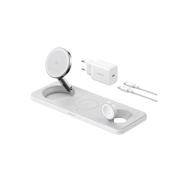 Foto van Anker maggo magnetic wireless charger 15w 3-in-1 pad eu plug oplader wit